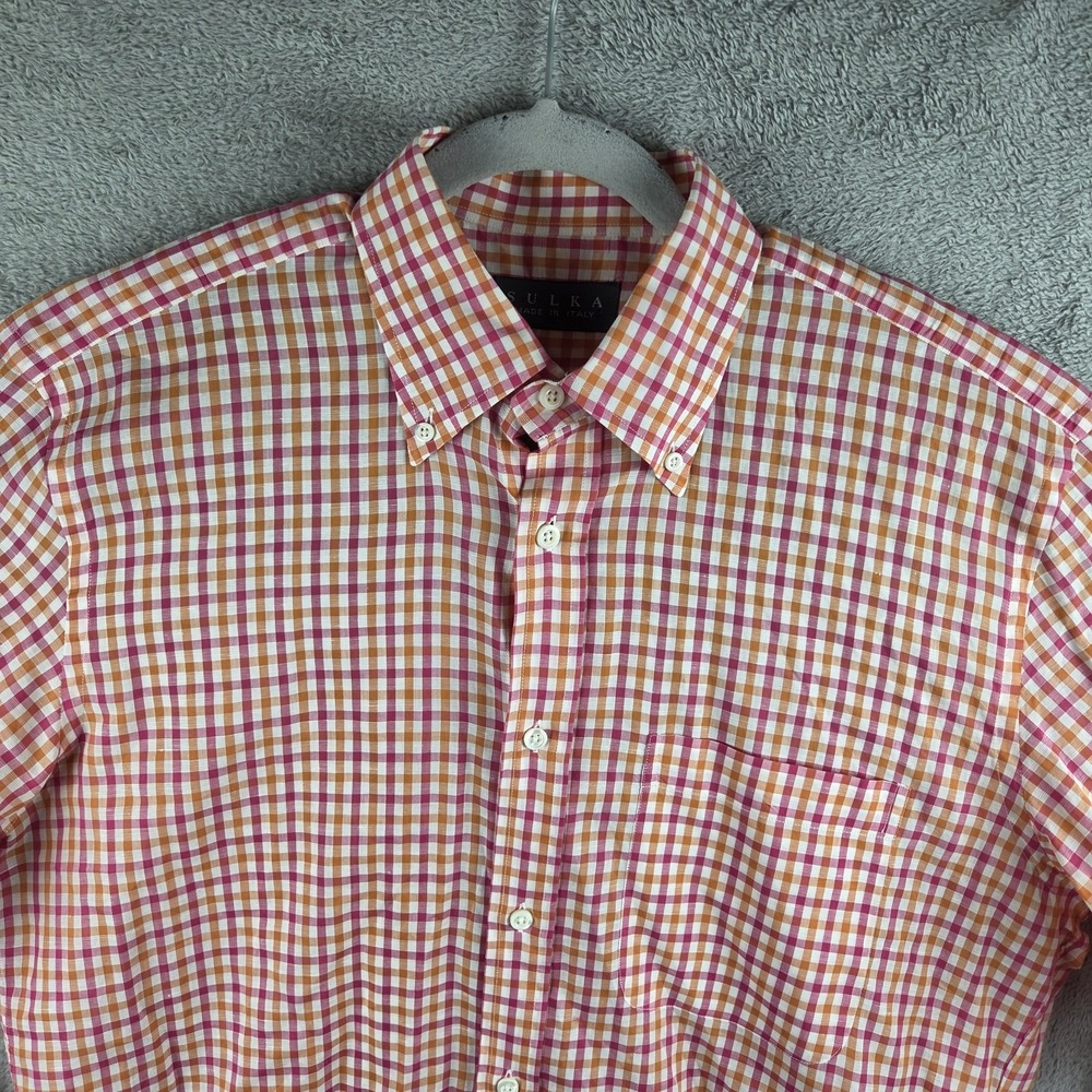 VTG 90s SULKA Cotton Linen Shirt Orange Pink Gingham Plaid Mens Large Italy